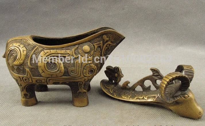 Folk Chinese Bronze Carved Animals Goat Sheep Zun Statue Incense Burner Censer