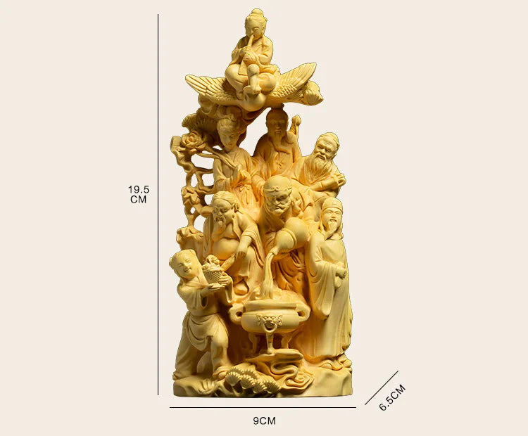 Boxwood 19cm Eight God Cross The Sea Sculpture Wood Feng Shui Buddha Statue Eight Immortals Crossing The Sea Lucky Home Decor