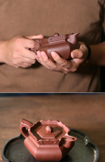 Yixing raw ore purple clay teapot pure handmade tea set Kungfu teapot bottom groove green monk hat teapot 230cc