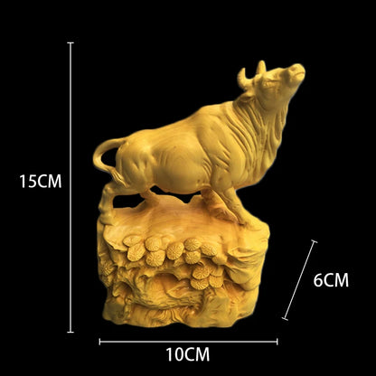 Boxwood 15cm Bull Sculpture Chinese Zodiac Wood Carving Ox Animal Statue Lucky Rich Cattle Home Decor