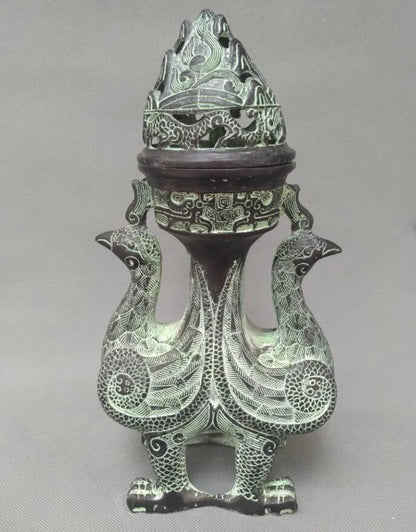 China bronze double phoenix Smoked incense burner crafts statue