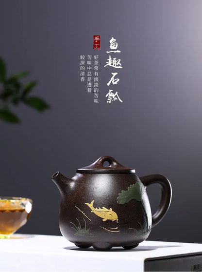 Authentic Yixing Purple Clay Teapot, Zisha, Handmade, Tea Set, Drinking, Huanglongshan Mud, Black Gold, Sand Fish, High Stone