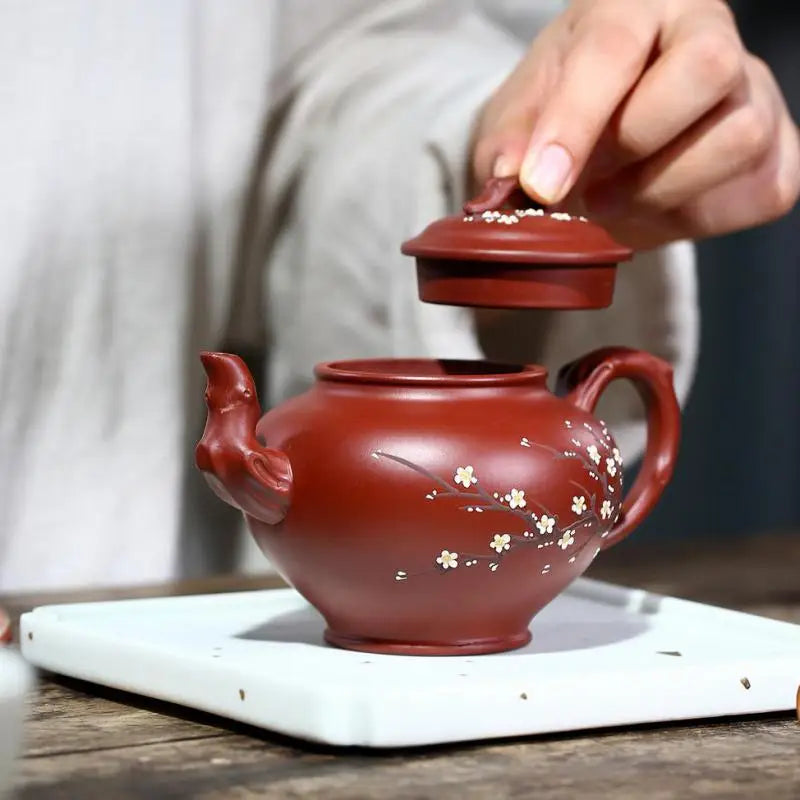 Dahongpao-Hand-carved Mud-painted Plum Blossom Primula Pot Zisha Teapot, Handmade Kung-Fu Teapot, Purple Clay Drinkware