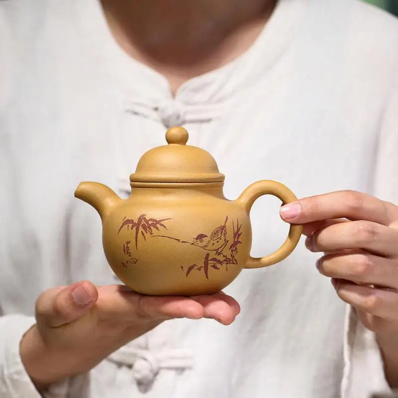 Zisha Teapot Yixing Handmade Pot, Kung-Fu Teaware, Purple Clay Drinkware for Puer, Golden Section Clay, Carved and Painted Ball