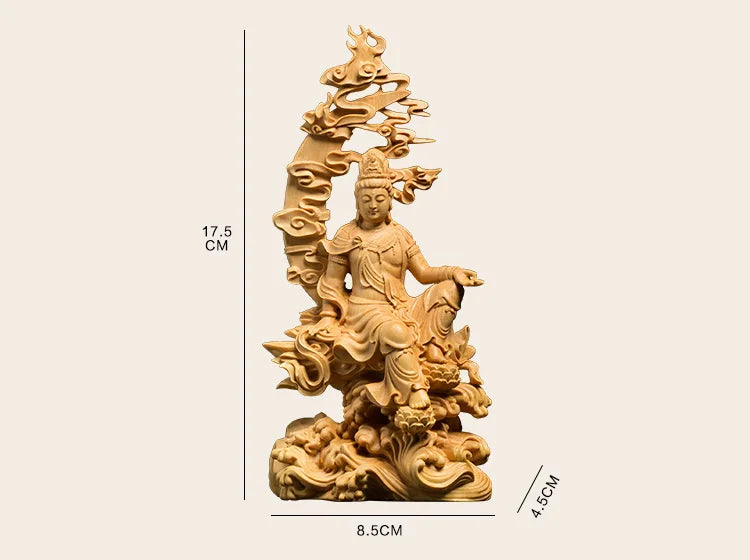 Boxwood 17cm Guanyin Sculpture Wood Goddess of Mercy Buddha Statue Moon Guan Yin Home Decor