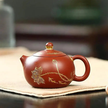 Painted Gold Xishi Teapot Zisha Teapot Yixing Handmade Pot, Kung-Fu Teaware, Purple Clay Drinkware for Puer Green and Black