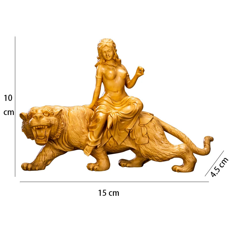 Boxwood 15cm Wood Statue Beauty tiger Office Decoration Figure Statue Home Decor Wood Sculpture Animal Sculpture Collection