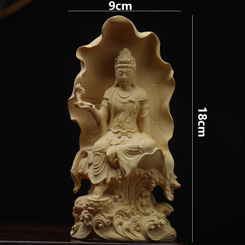 Boxwood 18cm Lotus Guanyin Sculpture Wood Guan Yin Buddha Statue Feng Shui Lucky Home Decor