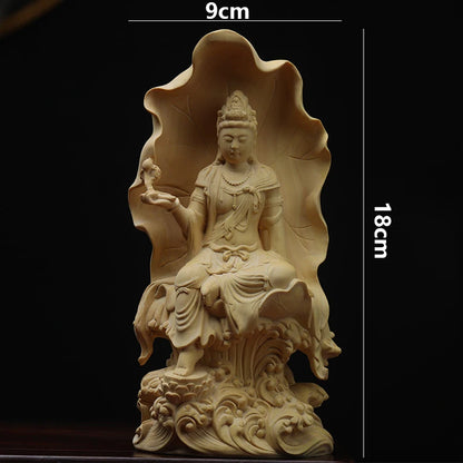 Boxwood 18cm Lotus Guanyin Sculpture Wood Guan Yin Buddha Statue Feng Shui Lucky Home Decor