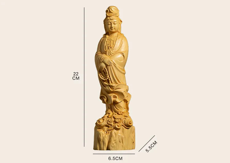 Boxwood 22cm Guanyin Sculpture Wood Buddha Guan Yin Statue Worship Feng Shui Home Decor