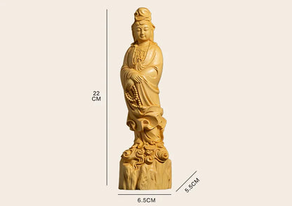 Boxwood 22cm Guanyin Sculpture Wood Buddha Guan Yin Statue Worship Feng Shui Home Decor