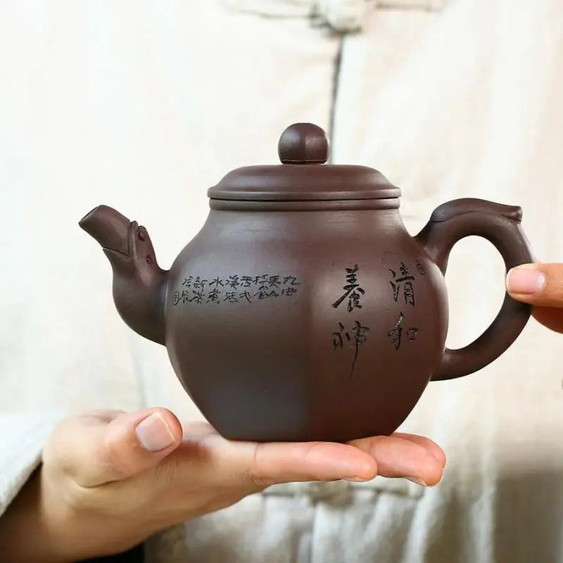 Zisha Zisha Handmade Teapot, 6-Party, Yixing Handmade Pot, Kung-Fu Teaware, Purple Clay Drinkware for Puer Green