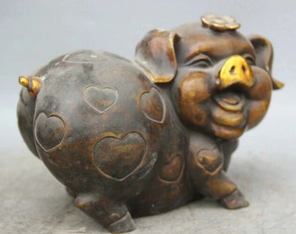 wholesale factory 8" Chinese Bronze Gild Animal Zodiac Year Auspicious Pig flower Statue sculpture 25% off