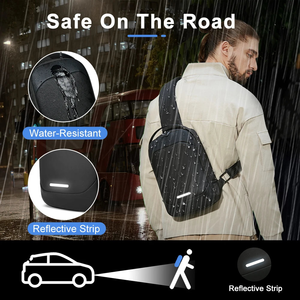 HK Business Man Shoulder Bag Light Weight Men's Cross Bag Mochila Reflective USB Charging Pack For 11.3''Tablet Cycling-Black