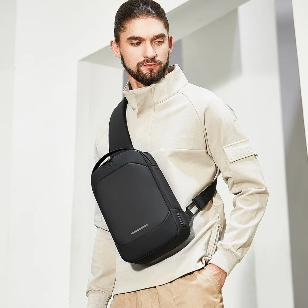 HK Business Man Shoulder Bag Light Weight Men's Cross Bag Mochila Reflective USB Charging Pack For 11.3''Tablet Cycling-Black