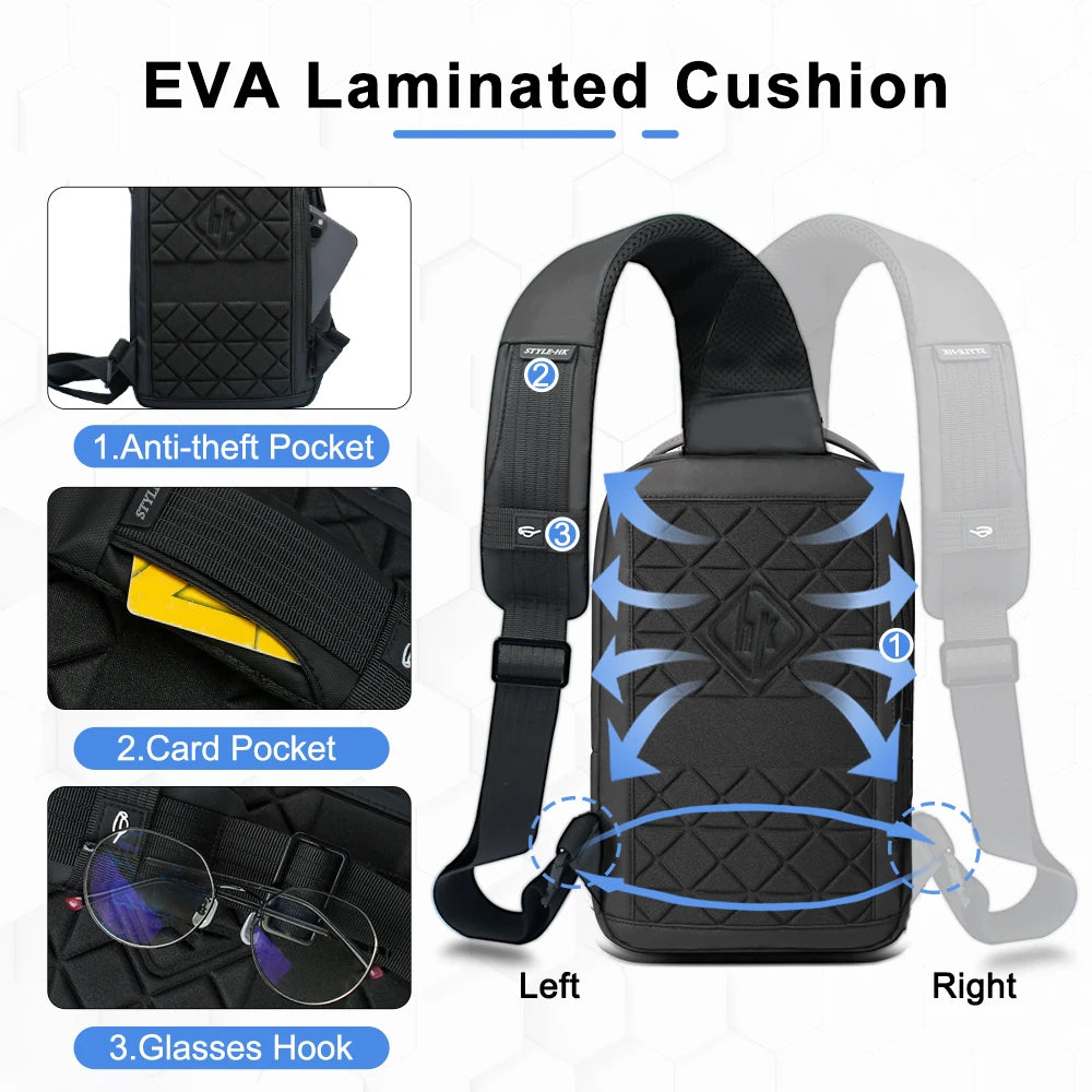 HK Business Man Shoulder Bag Light Weight Men's Cross Bag Mochila Reflective USB Charging Pack For 11.3''Tablet Cycling-Black