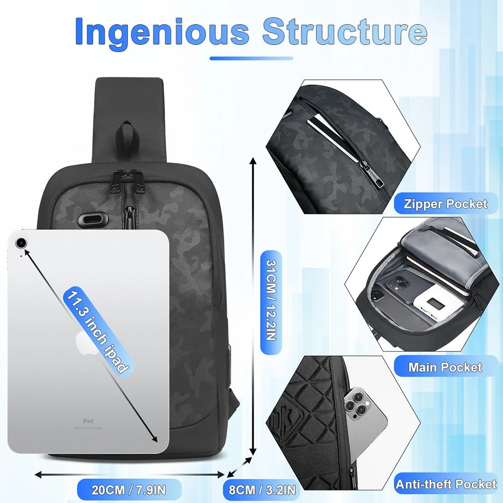 HK Men's Shoulder Bag Waterproof Military Tactical Crossbody Bag For Men 11.3 Inch iPad Chest Pack Men With USB For Work Sport