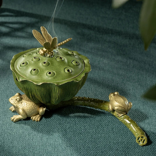 HOME BAR living ROOM TOP grade Nourishing heart Educated Frog Dragonfly lotus Incense burner bronze sculpture decorative statue