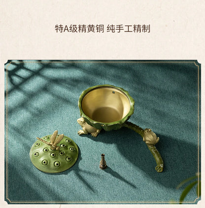 HOME BAR living ROOM TOP grade Nourishing heart Educated Frog Dragonfly lotus Incense burner bronze sculpture decorative statue