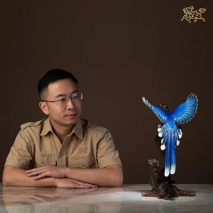 HOME Company shop stock market Money drawing Auspicious GOOD Luck bird Magpie Talisman brass Sculpture Decoration mascot