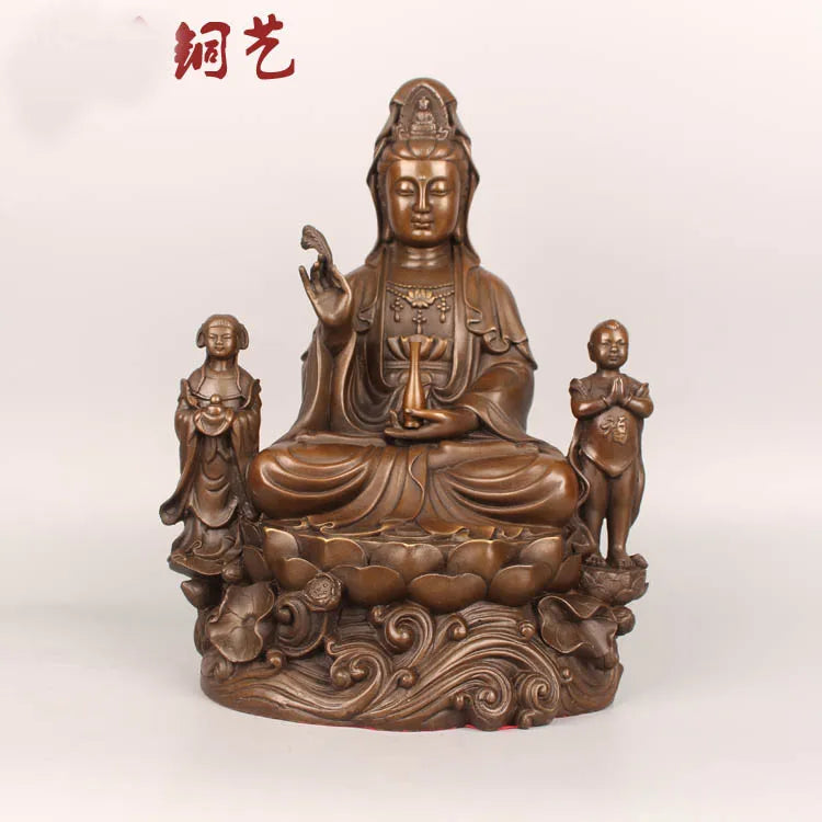 HOME SHOP bless Safety Health GOOD luck Talisman efficacious Protection TONGZI Guanyin Bodhisattva Bronze Buddha statue