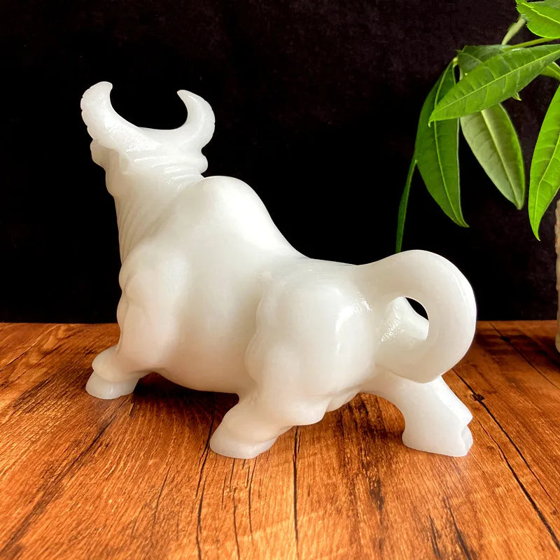 HOME company OFFICE mascot high grade White jade GOOD LUCK Wall Street Bull finance stock market cattle sculpture
