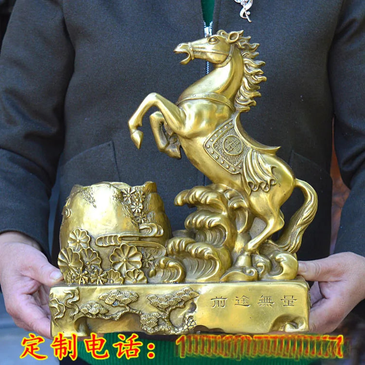 HOME office Company FENG SHUI business GIFT Money Drawing GOOD LUCK Success horse Mascot Brass Sculpture penholder  30CM