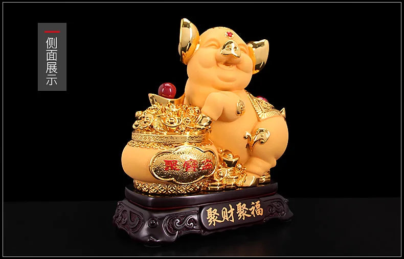 HOME office company shop  thriving business Ornament Money drawing GOOK LUCK Fortune GOLD Pig Mascot FENG SHUI art Statue
