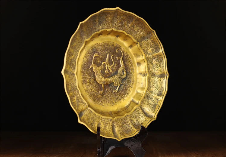 HOT SALE Bring in wealth treasure office Room Money Drawing TOP  Talisman # Fortune Gold dragon plate FENG SHUI Brass statue