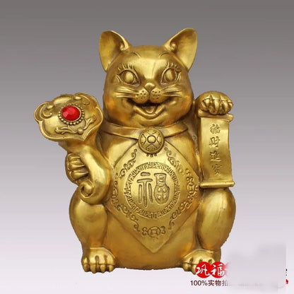 HOT SALE Golden Good luck cat # OFFICE HOME Talisman Money Drawing Golden auspicious fortune CAT Brass statue-23 CM