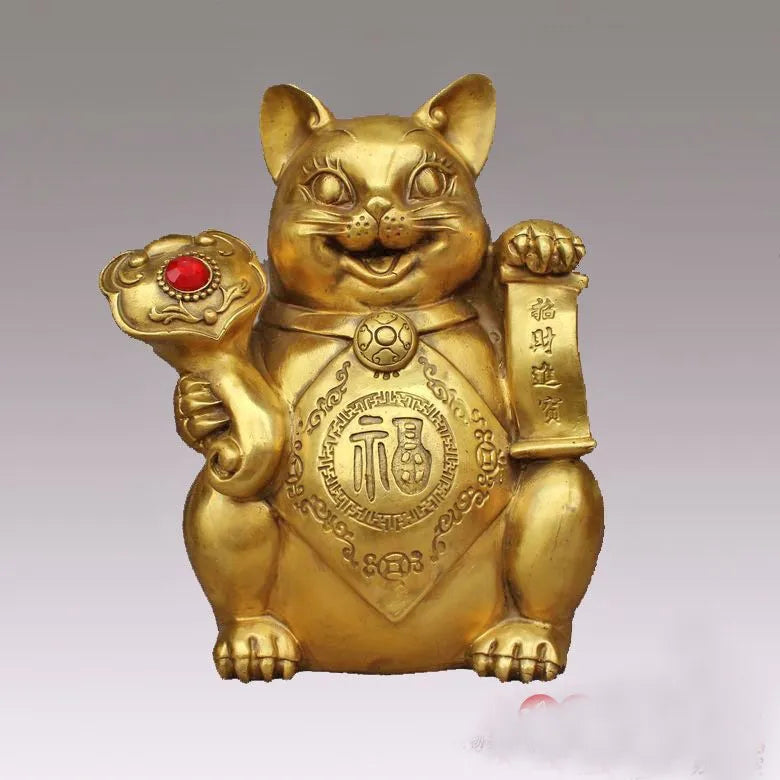 HOT SALE Golden Good luck cat # OFFICE HOME Talisman Money Drawing Golden auspicious fortune CAT Brass statue-23 CM