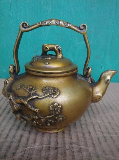HOT SALE Home OFFICE TOP Decor art - good collection CHINA plum blossom bronze teapot sculpture statue --13 CM SIZE