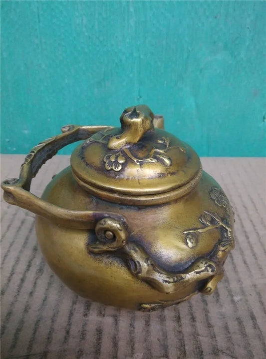HOT SALE Home OFFICE TOP Decor art - good collection CHINA plum blossom bronze teapot sculpture statue --13 CM SIZE