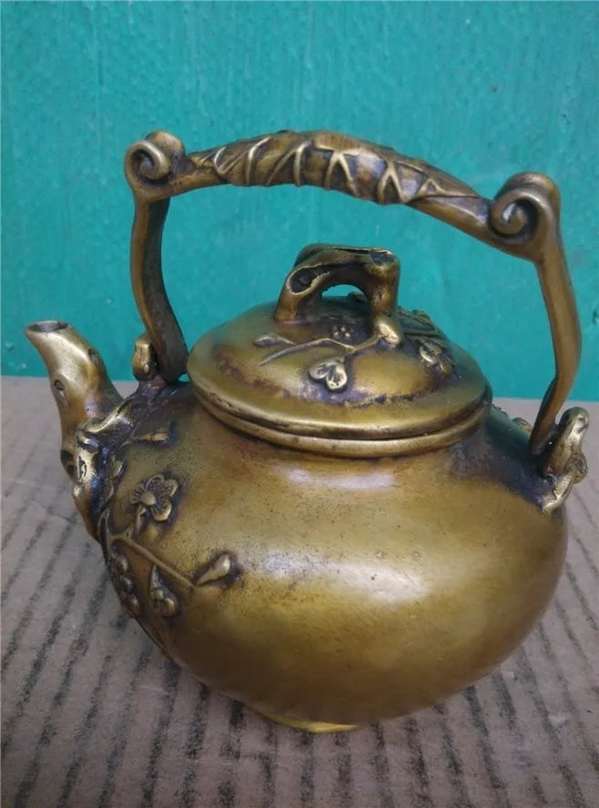 HOT SALE Home OFFICE TOP Decor art - good collection CHINA plum blossom bronze teapot sculpture statue --13 CM SIZE