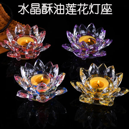 HOT SALE Wholesale Buddhist articles  HOME family Protection Talisman-7P Colored crystal Lotus lamp holder Holy