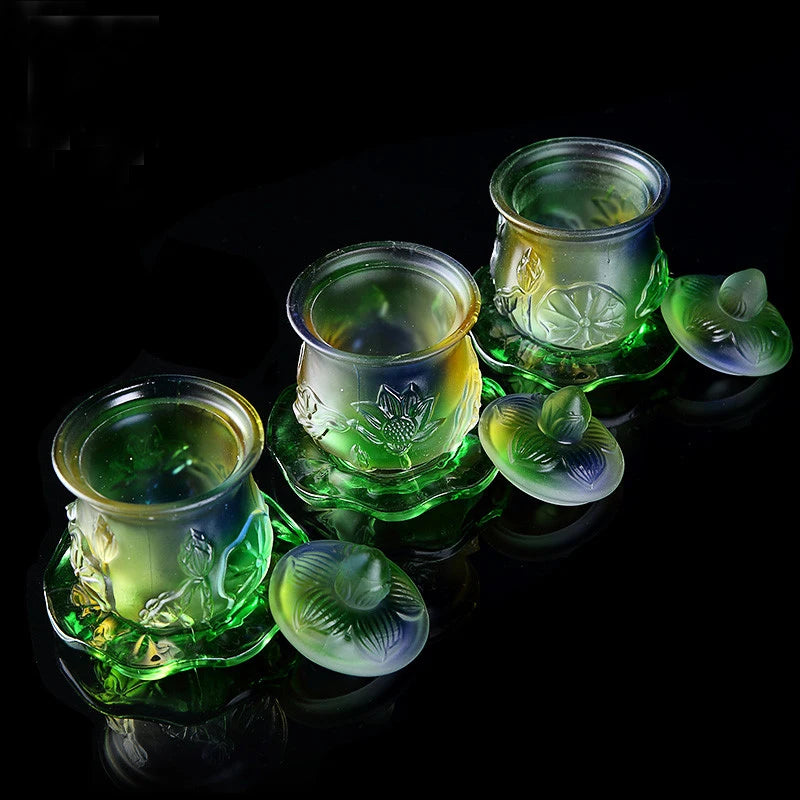 HOT SALE -efficacious HOME family Protection Talisman-3 Colored Glaze Lotus temple cup Holy water cup -M3