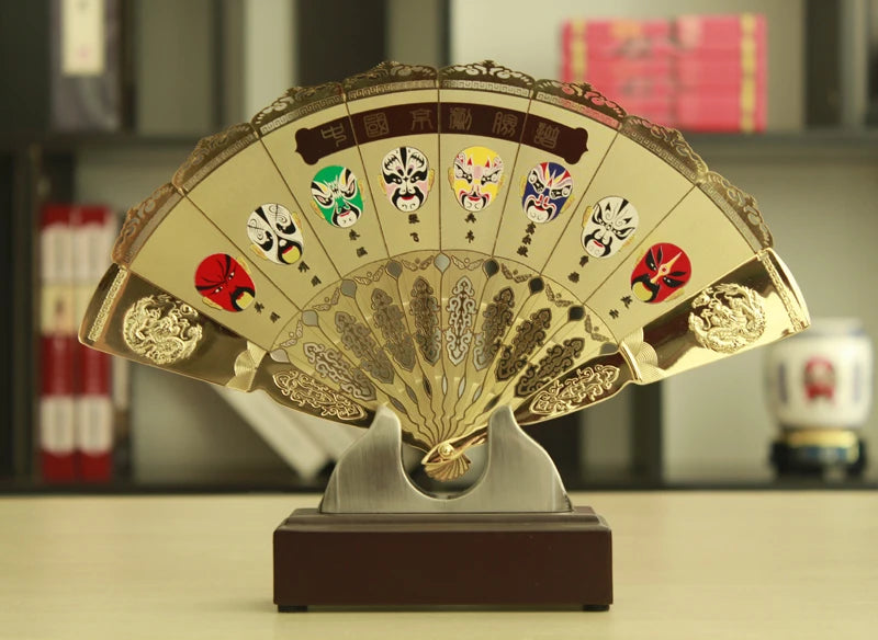 HOT SALE foreign business gift CHINA beijing opera ART FACE PU gilding fan copper statue with box --Collector Edition