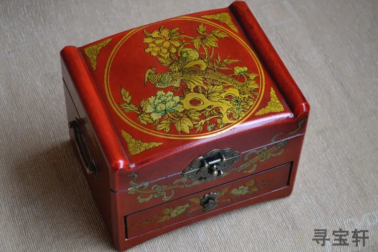 HOT SALE  present-TOP COOL -Handmade retro antique China royal propitious red wood Jewel Jewelry Box cosmetic mirror box