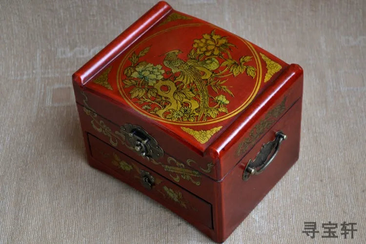 HOT SALE  present-TOP COOL -Handmade retro antique China royal propitious red wood Jewel Jewelry Box cosmetic mirror box