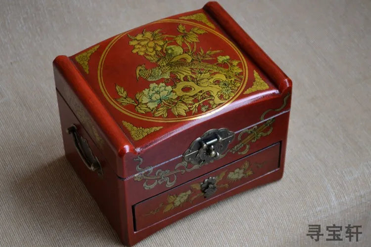 HOT SALE  present-TOP COOL -Handmade retro antique China royal propitious red wood Jewel Jewelry Box cosmetic mirror box