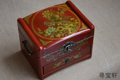 HOT SALE  present-TOP COOL -Handmade retro antique China royal propitious red wood Jewel Jewelry Box cosmetic mirror box