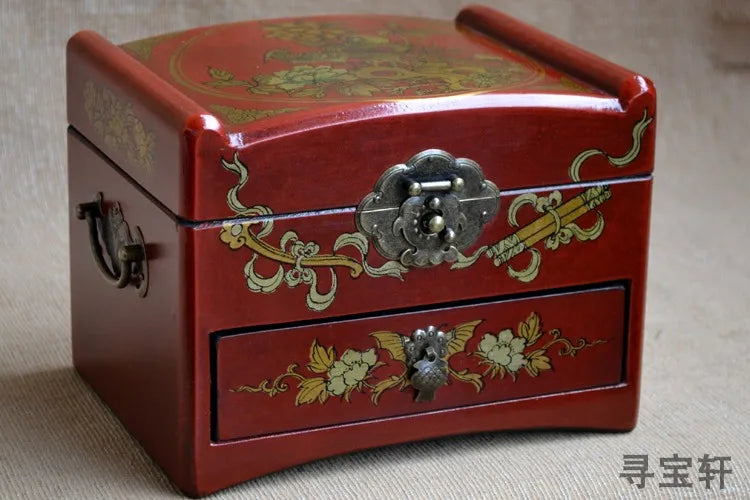 HOT SALE  present-TOP COOL -Handmade retro antique China royal propitious red wood Jewel Jewelry Box cosmetic mirror box