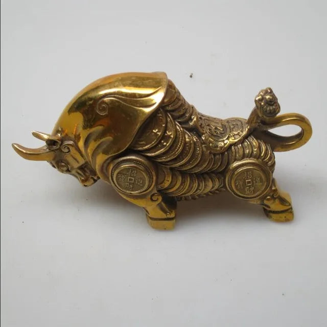 works of art Collection Chinese Brass Carved Bull Sculpture /Feng Shui Money OX statue.