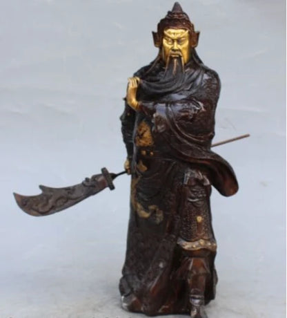 RHS0030 16"Chinese Bronze Gilt Stand Dragon Guan Guan Yu Warrior God knight Sword Statue
