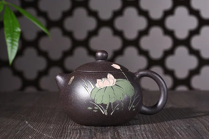240ml Famous Yixing Purple Sand Tea Pot Genuine Full Of Black Ore Mud Hand Painted Lotus Xishi Teapot Tea Kettle Free Shipping