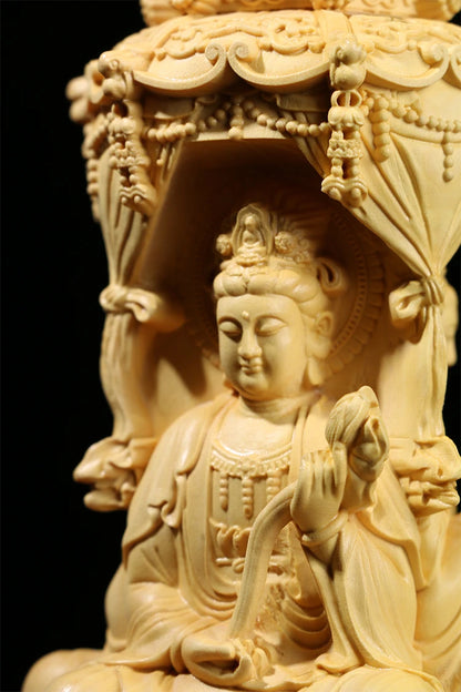 Three Sided Wood Carving Buddha Statue, 10 / 15CM, Guanyin Amitabha Buxus Bodhisattva, Solid Wood Ornaments