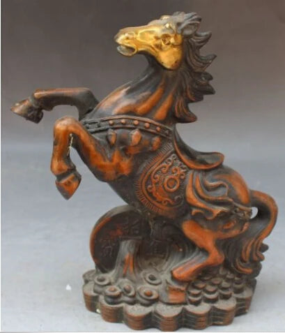 RHS0064 9" Chinese Bronze Gilt Animal Wealth Money Yuan Bao Zodiac Year Horse Statue