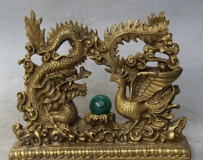 Chinese Bronze Fengshui Emperor Royalty Dragon Phoenix Sculpture Statue