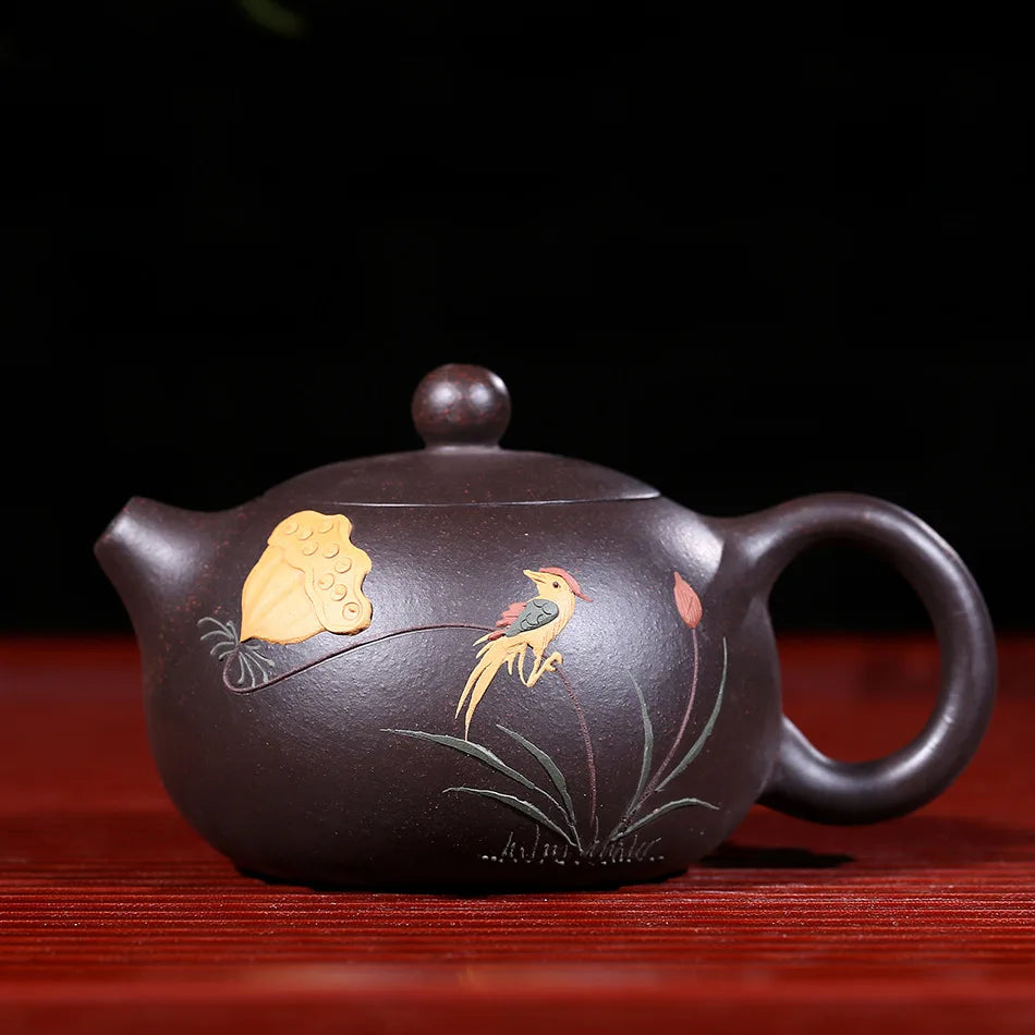 Black  Mud Yixing Teapot, Pure Hand Handmade, Colorful Mud Painted Flower, Bird, Xi Shi Pot, Purple Clay, 188 Ball Hole, 170m