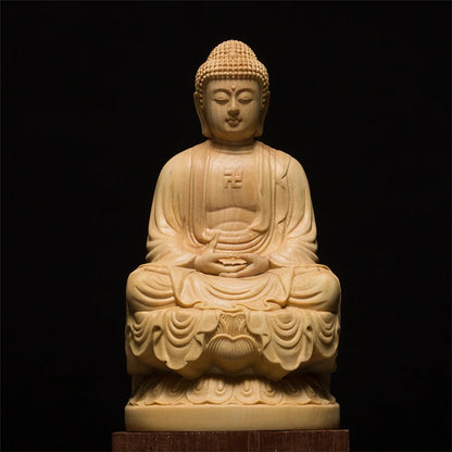 CCZHIDAO Shakyamuni Solid Wood Buddha Statue Chinese Boxwood Feng Shui Craft Bodhisattva Sculpture for Home Decor